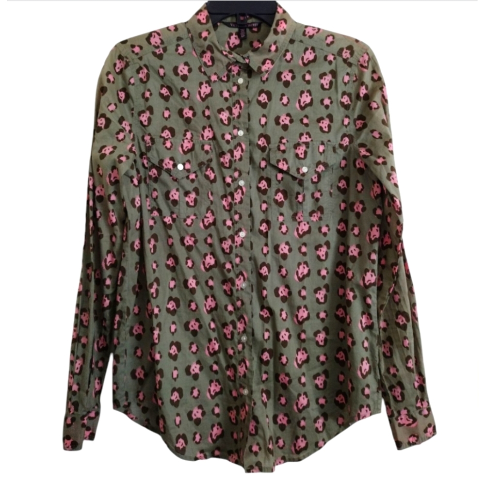 Victoria's Secret 100% Cotton Green Pink Pattern Button-Up Shirt Size Small